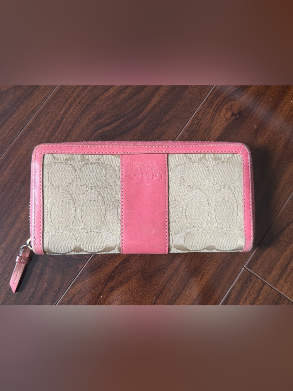 Genuine pink Coach Beige Canvas Zip Around Wallet
